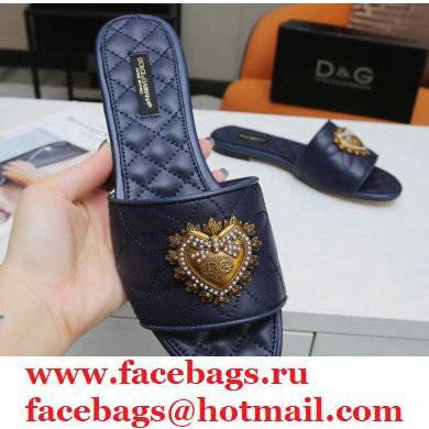 Dolce & Gabbana Leather Sliders Blue with Devotion Heart 2021 - Click Image to Close